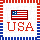 Pixelated USA-themed icon with red and blue striped borders, American flag symbol, and 'USA' text in blocky red letters on white background.