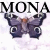 A pixelated butterfly icon with purple wings and an orange center, positioned below the text "MONA" on a white background.
