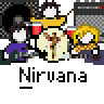 Pixel art contact sheet of seven animated frames showing a band performing with three members: drummer, guitarist, and bassist in various poses against gray background.