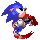 Pixelated blue hedgehog with red shoes and white gloves performs a spinning motion, captured in multiple showing rotation from left to right