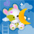 Pixelated cartoon animal with green and white fur, pink ears, and a yellow crescent moon, floating among clouds with a ladder and stars in the background.