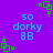 Purple background with repeating blue text 'so dorky 8B' and green pixelated shapes scattered across the image.