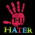 Pixelated red hand with five fingers and a thumb on black background, below which is multicolored text reading HATBK.