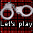 Animated contact sheet of a 48x48 pixel buddy icon showing handcuffs and "Let's play" text with red grid background, displaying frame-by-frame animation changes across 18 sampled frames.