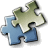 Pixelated puzzle piece icon with blue and green sections on a gray background, featuring distinct interlocking edges and a white outline.