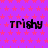 Purple background with pink star pattern and repeated black text 'trishy' in pixelated font across multiple