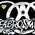 Static pixel art icon featuring a white skeletal face with black eye sockets and mouth, small star on forehead, rainbow heart in top-left corner, and abstract gray-and-black background elements.