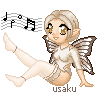 Animated fairy character with light brown hair, large eyes, and butterfly wings sits in a pose with one leg extended upward while musical notes float above.