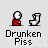 Pixel art animation of two figures: one red-shirted figure urinating into a white toilet, with yellow stream visible; text "Drunken Piss" below.
