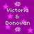 Purple background with pink stars, white text reading "Victoria & Donovan" and a small heart symbol repeated in two vertical