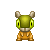 Pixelated green creature with large eyes and brown ears sits in a of identical frames, each showing slight variations in posture