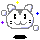 Pixelated white cat face with gray ears and nose, black eyes, pink mouth line, whiskers; surrounded by colored plus signs on gray background.