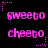 Pixelated pink text 'sweeto' and 'cheeto' arranged in a with star-shaped corner decorations on black background