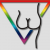 A stylized black outline of a male figure in a V-shape pose with arms raised, set against a white background with a rainbow gradient border.