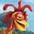 Pixelated cartoon character with red curved horns, yellow face, and red flowing hair against a blue sky and green landscape background.