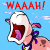 Animated contact sheet of a pink cartoon character with purple collar crying, repeated across 15 frames showing mouth and head position changes against blue background with red "WAAAH!" text.