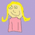 Pixelated cartoon character with blonde hair and green eyes wearing a pink top against a purple background.