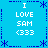 Blue background with white text "I LOVE SAM <333" repeated in four quadrants, bordered by blue asterisk and dotted lines.