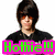 Pixelated image of a person with dark hair and orange eyes wearing black clothing, overlaid by bright pink banner with green text.