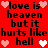 Red background with black pixelated text reading 'love is heaven but it hurts like hell' and pink/white heart symbols in a pattern