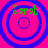 Four identical circular icons with concentric blue rings on a bright pink background, each displaying green text 'Sarah' at the top.