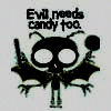 A cartoon skeleton with large eyes, bat wings, and a lollipop holds a gun against light and dark backgrounds.