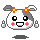 Pixelated character with gray and white head, orange flower on top, black eyes, red cheeks, open mouth showing pink tongue, two arms raised in motion.