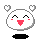 Pixelated white circular character with closed eyes, red blush marks, and a red triangular mouth, surrounded by four white heart shapes on a gray background.