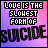 Pixelated text-based animation with gradient backgrounds showing the phrase "LOVE IS THE SLOWEST FORM OF SUICIDE" across two frames.