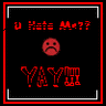 Static pixel art icon with red text and a sad emoji on black background, framed by red border with white corner accents.