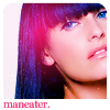 A close-up of a person with long dark hair and bangs, wearing a choker necklace, with pink and blue lighting effects and the text 'maneater.' at the bottom.