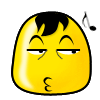 Yellow rounded face with black hair, closed eyes, and a small mouth; two musical notes float above the right side of the head.
