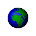 Pixelated blue and green globe rotating through multiple views against a gray background.