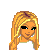 Pixel art contact sheet showing two frames of a blonde female character with long hair, wearing a white crop top and orange shorts in the left frame, and an alternate outfit with blue patterned pants in the right frame, plus pink text reading "Blonde" below.