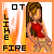 Pixel art of a female character in a red top and beige pants against a flame background with 'HOT LIKE FIRE' text, showing animation changes in text and character pose.