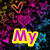 Pixelated icon with vibrant purple and pink hearts on dark background, yellow-outlined text reading My Rocks! and Icon.