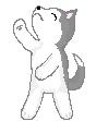 Pixelated cartoon dog with white body and gray back, pink inner ears, black nose, closed eyes, standing on gray background with arms raised in various positions.