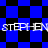 Blue and black checkered background with repeated white text 'STEPHEN' in pixelated font across two