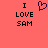 A static image with a solid coral background displays black pixelated text reading "I LOVE SAM" on both sides of a purple heart symbol.