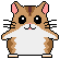 Pixel art hamster with brown and white fur, pink ears, black eyes with white highlights, whiskers, and a small nose; two poses show different arm positions.
