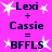 A bright pink background displays two identical side-by-side text-based animations with star symbols and the phrase "Lexi + Cassie = BFFLS" in dark blue pixelated font.