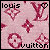 A pink Louis Vuitton monogram pattern with 'louis' and 'vuitton' text, featuring animated heart icons in various colors at the top-right corner.