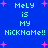 Blue background with light blue text reading "MeLY is MY NICKNAME!!" and pink star shapes scattered throughout.