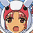 Pixelated anime-style character with light brown skin, large dark eyes, and a red headband with black tips, set against a blue and white background.