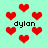 Pixelated red hearts and the text 'dylan' repeated on a light green background with visible animation changes.