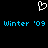 Pixelated white heart symbol above two identical blue text strings reading 'Winter '09' on a black background.