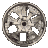 Circular metallic wheel with six spokes, each spoke having a distinct cutout shape; the central hub is solid black.