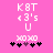Pixelated pink background with white text and symbols arranged in vertical , featuring 'KBT', 'c3's', 'U', 'XOXO', and a of black/purple asterisks