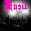six shows the word 'Music' in different colors over a black-and-white concert crowd background with stage lights