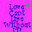 Pixelated blue text on bright pink background with green animated symbols above 'Love.'